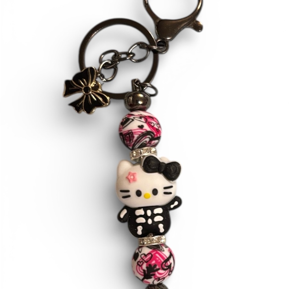 Hello Kitty Keychain with Pink and Black Beads Handmade